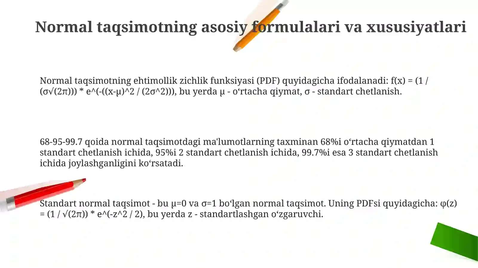 Normal taqsimotning matematik formulalari va uning xususiyatlari 3