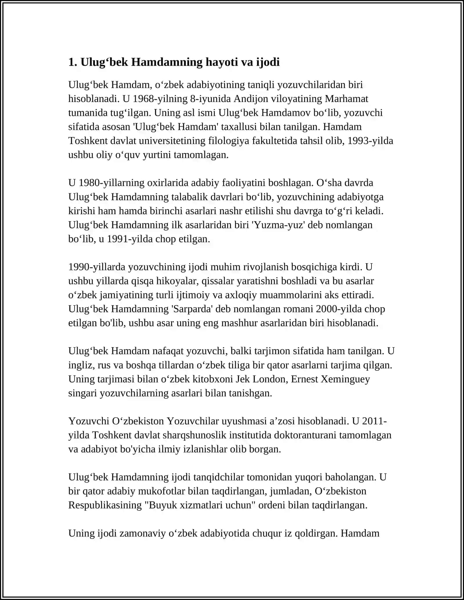 MUSTAQIL ISH Mavzu: ULUGʻBEK HAMDAM ISYON VA ITOAT ROMANI 3