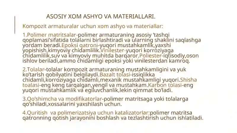 Kompozit armaturalar uchun xom ashyo va materiallar 3