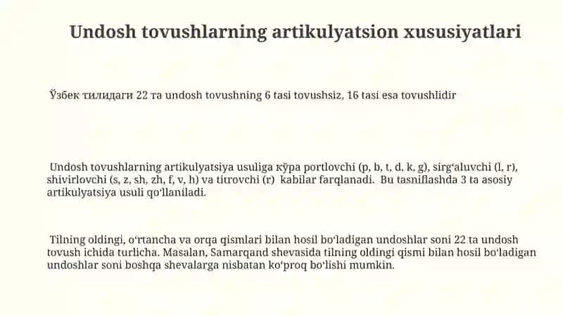 Hozirgi o'zbek adabiy tilida undoshlar tasnifi 3