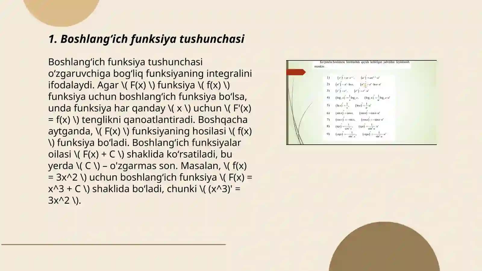 Boshlangʻich funksiya va aniqmas integrallarni hisoblash 3