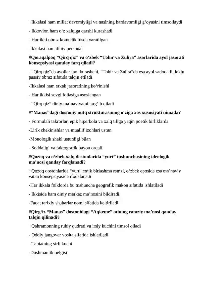 TURKIY XALQLAR ADABIYOTI FANIDAN YAKUNIY NAZORAT UCHUN TEST SAVOLLARI 3