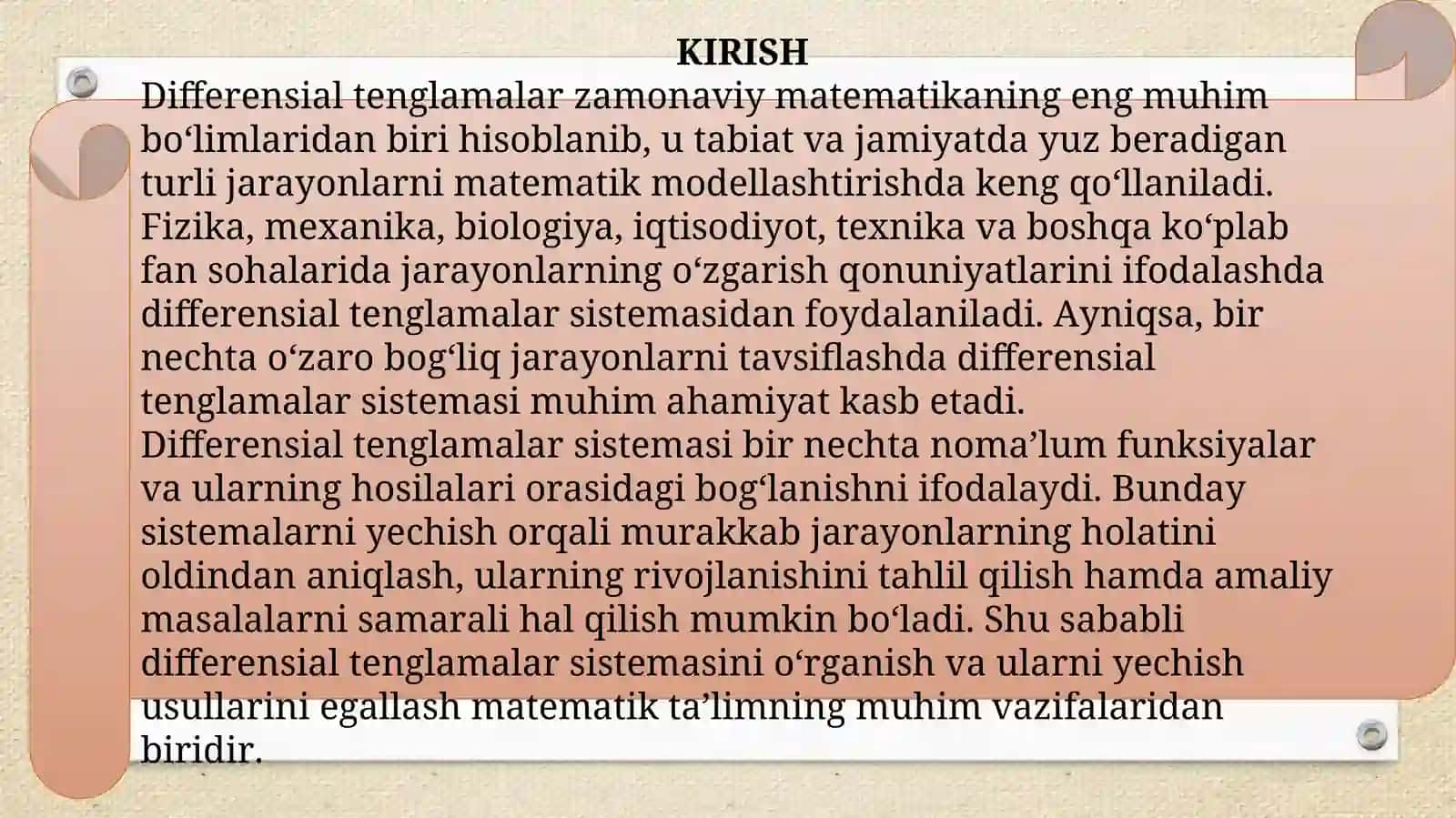Differensial tenglamalar sistemasi. Normal sistema. Normalarni yo‘qotish usuli. 3