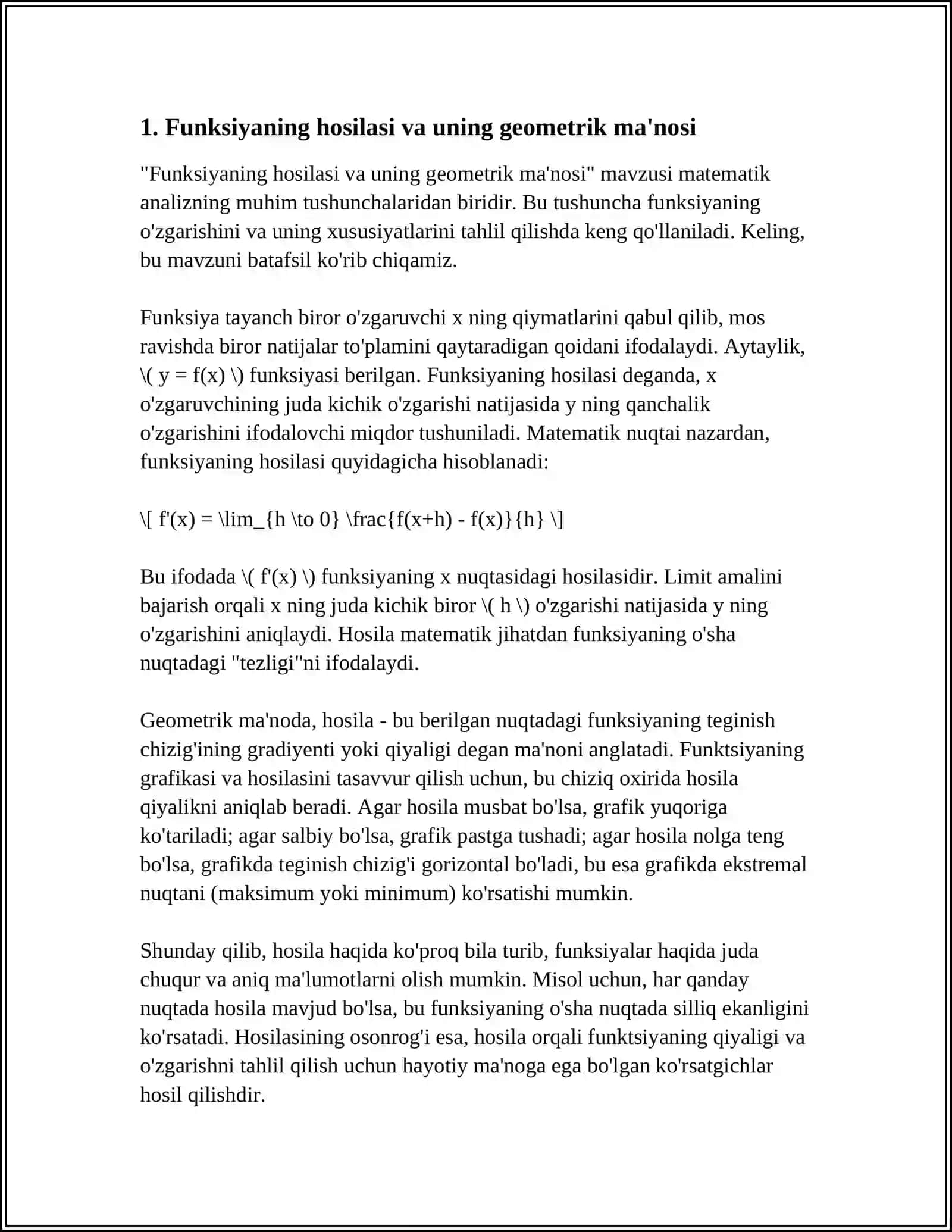 FUNKSIYANING HOSILASI TUSHUNCHASINING GEOMETRIK,FIZIKZKIMYOVIY,BIALOGIK,IQTISODIY MANOLARI 3