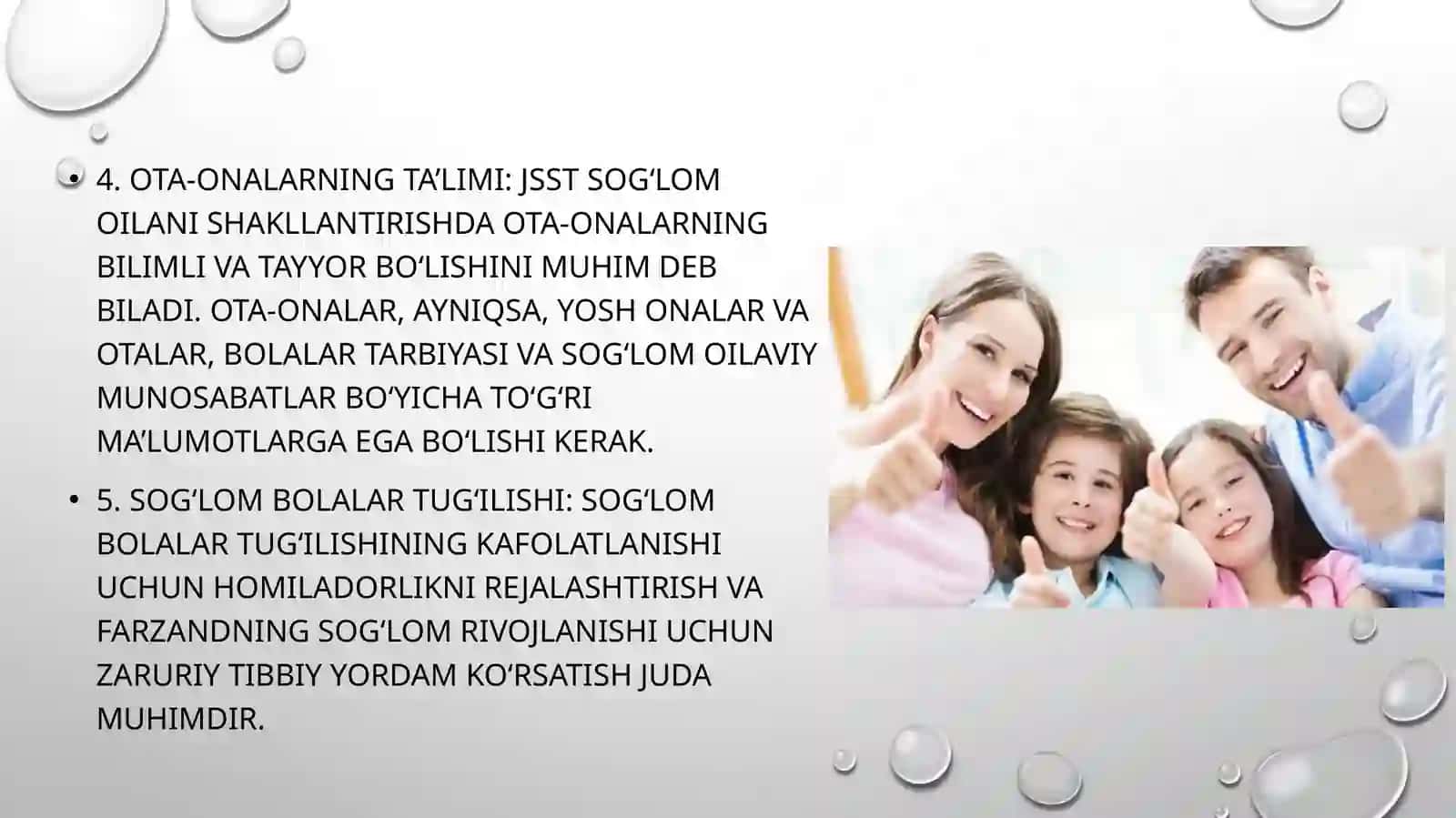 JSST(VOZ)ning sog‘lom oilani shakllantirishdagi 5 ta asosi. Erta yoshdagi va katta yoshli ayollardagi tug‘ruqlar. Qarindoshlar o‘rtasidagi nikoh va uning asoratlari 3