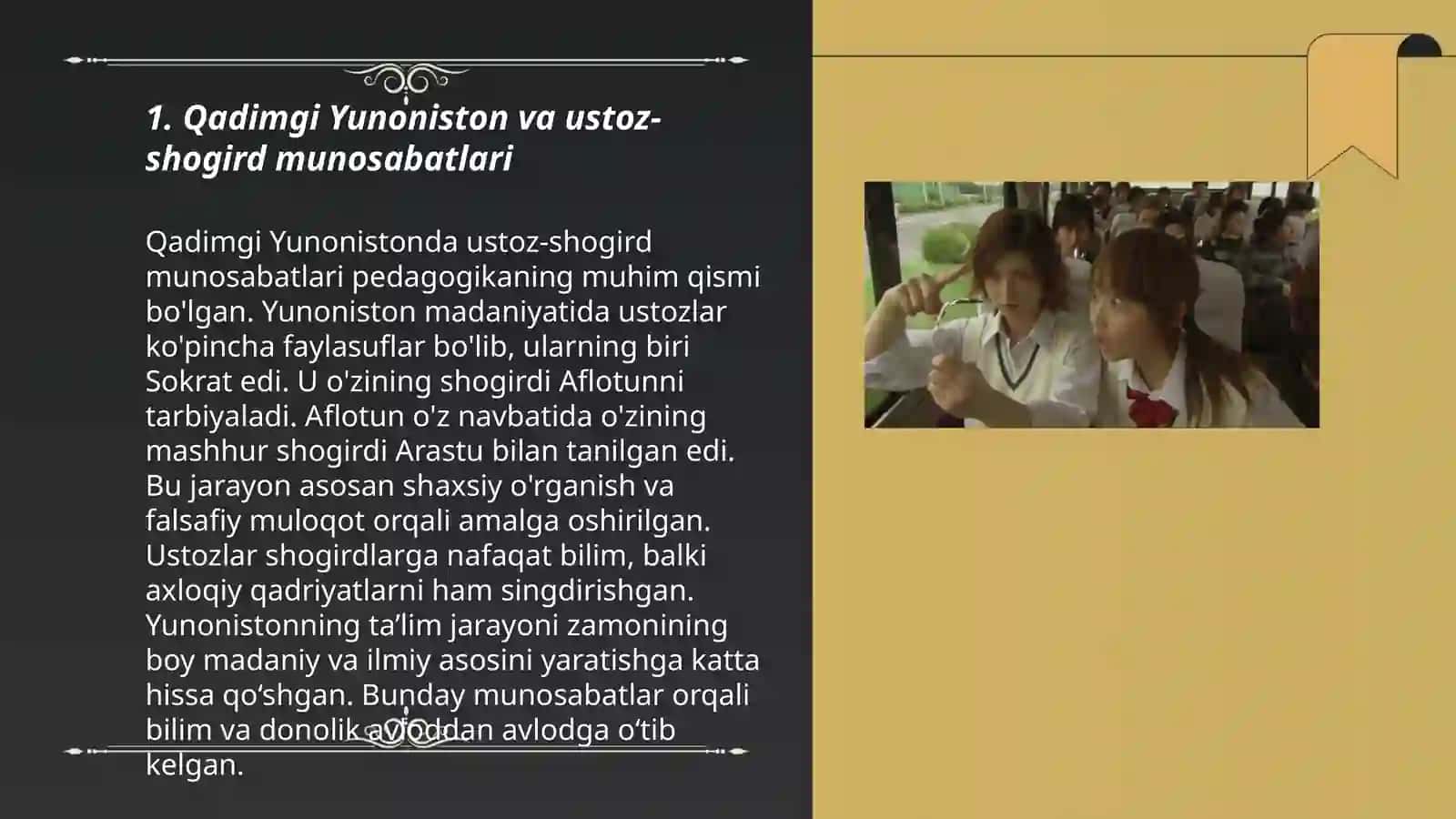 Eng qadimgi davrlardan 7 asrning boshigacha boʻlgan davrda oʻqtuvchi ustoz shogrt va ularning jamiyatdagi oʻrni mahorati xaqidagi fikrlar 3