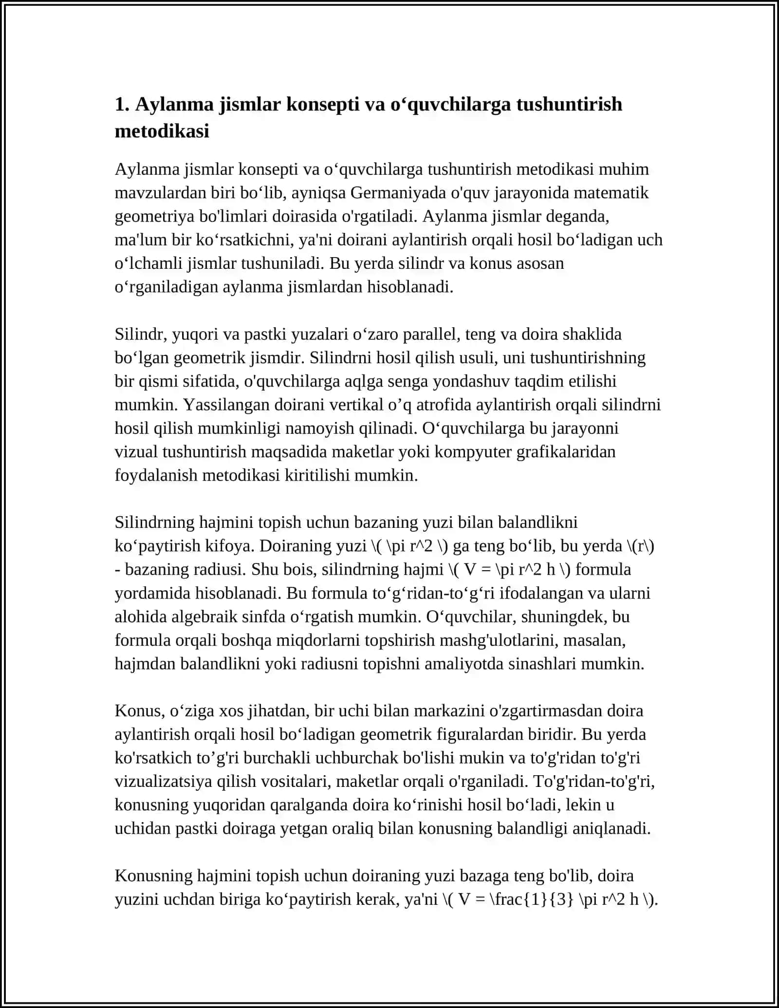 GERMANIYA KURSIDA AYLANMA JISMLAR VA ULARNING HAJMINI OʻQITISH METODIKASI SILINDIR KONUS 3
