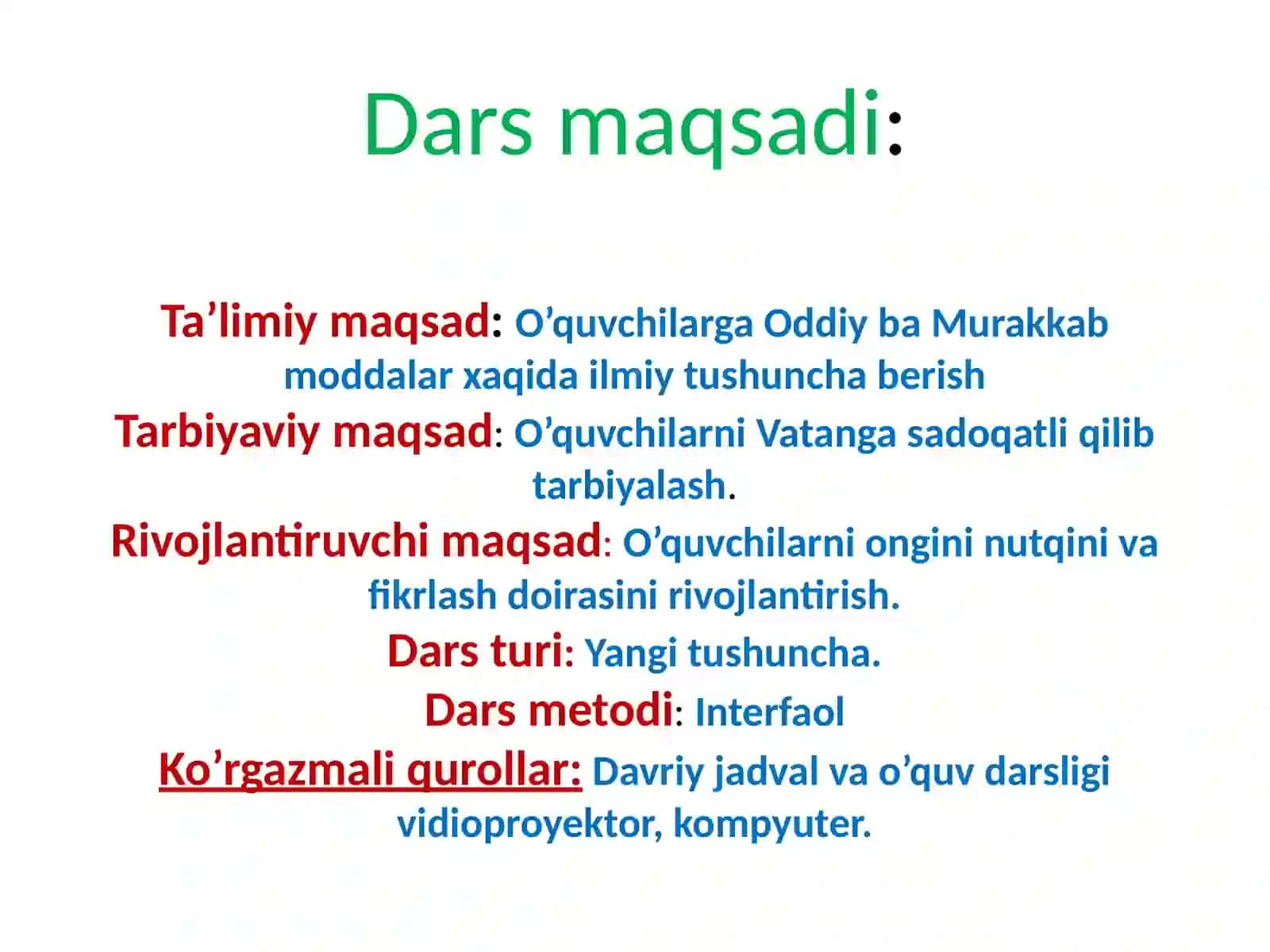 Oddiy va Murakkab Moddalar Dars Ishlanmasi 3