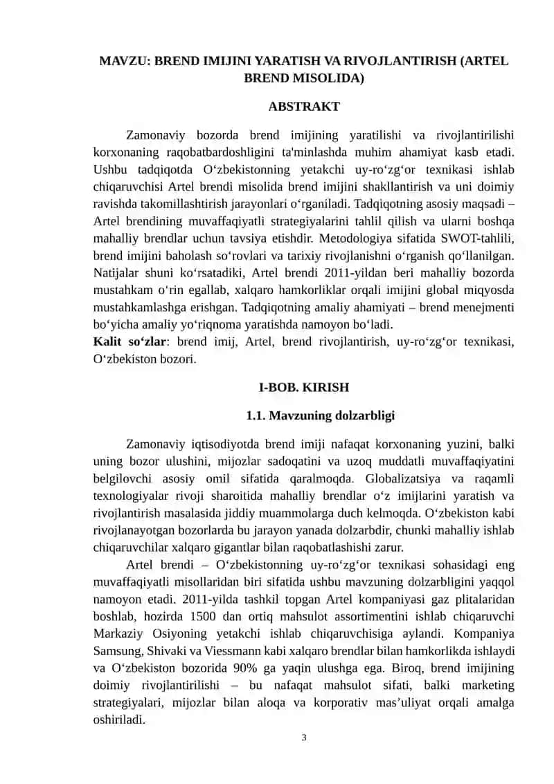 BREND IMIJINI YARATISH VA RIVOJLANTIRISH (ARTEL BREND MISOLIDA) 3