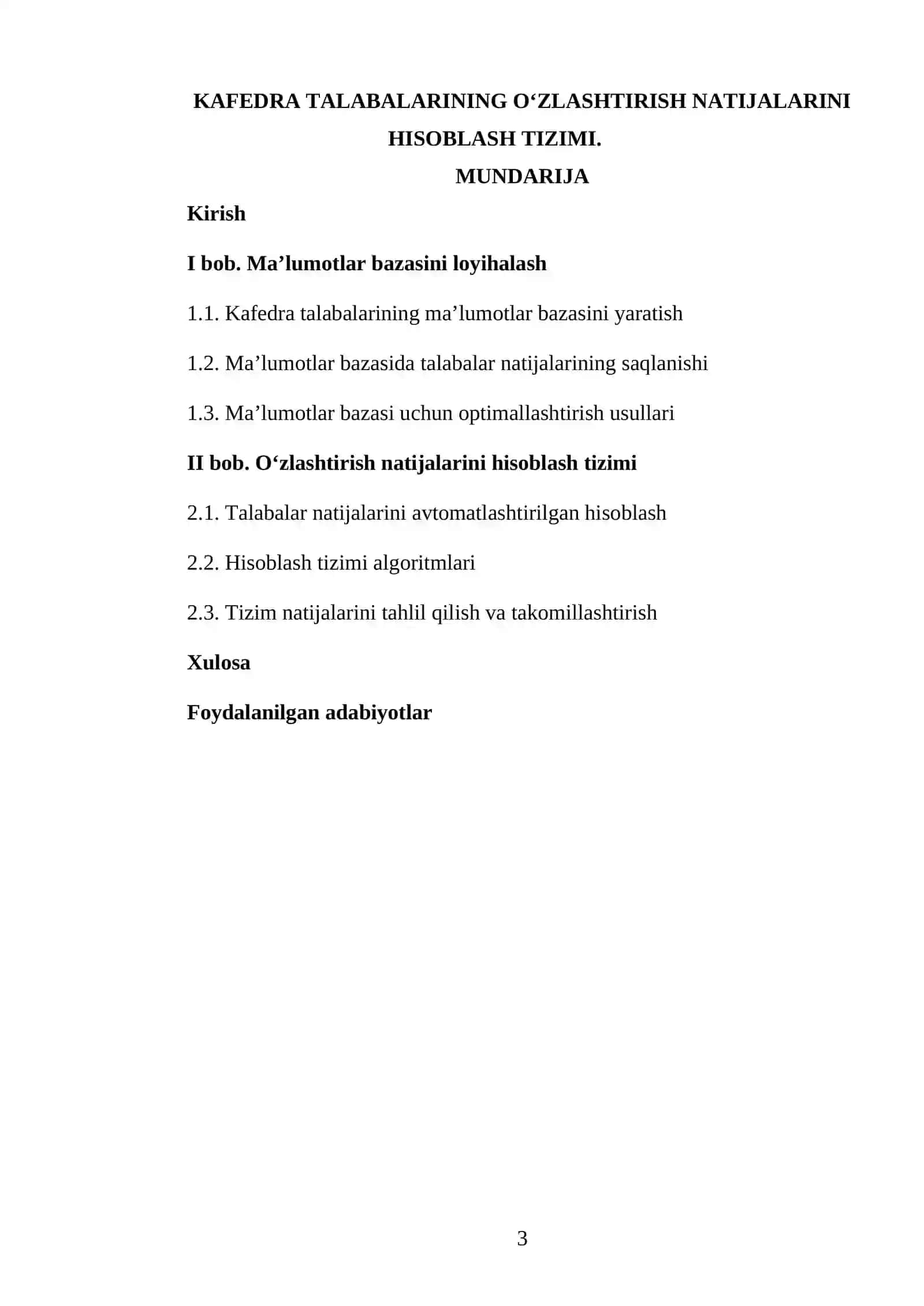 MAʼLUMOTLAR BAZASI FANIDAN TAYYORLAGAN KURS ISHI 3