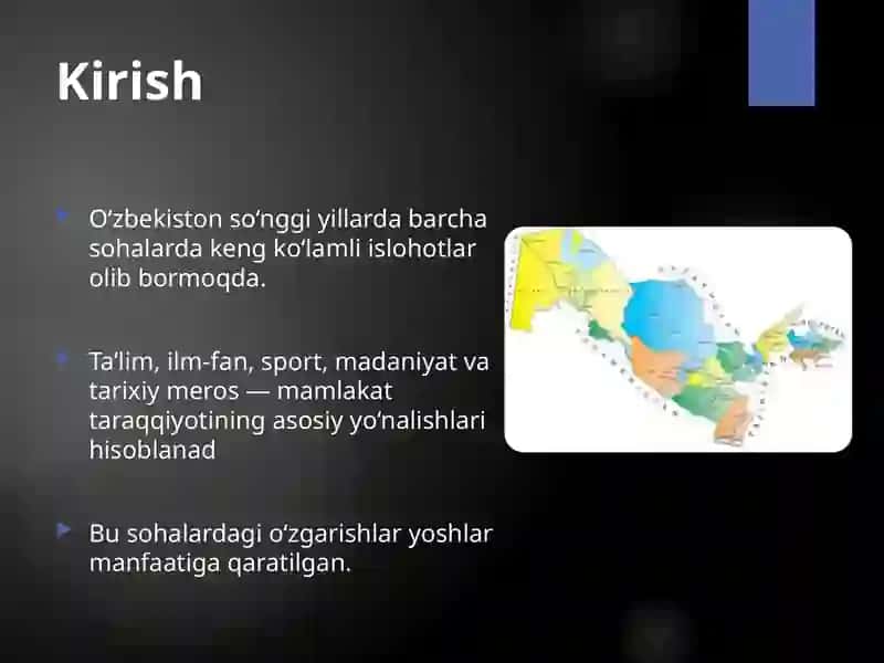 O‘zbekistonda ta’lim, ilm-fan,    sport, madaniyat, muzeylar va milliy qadriyatlar rivoji 3