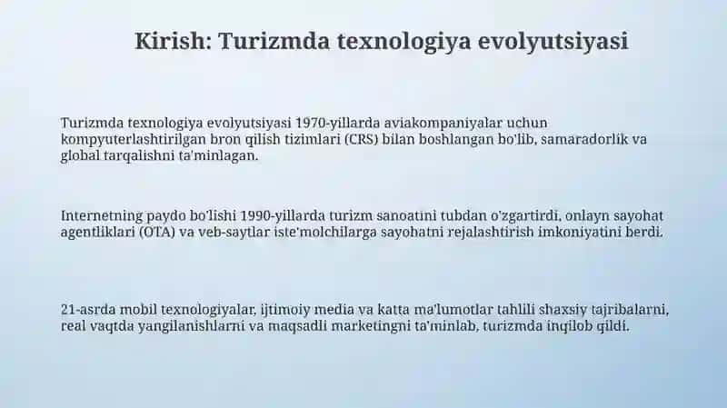 Turizmda texnika va texnologiyalarning rivojlanishi 3