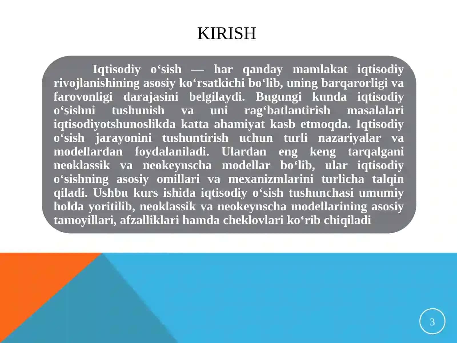 OSTONOVA SAYYORA RUSTAMQIZINING MAKROIQTISODIYOT FANINING "IQTISODIY O'SISHNING UMUMIY TAVSIFI. NEOKLASSIK VA NEOKEYNSCHA MODELLARI" MAVZUSIDA AMALIYOT TAQDIMOTI 3