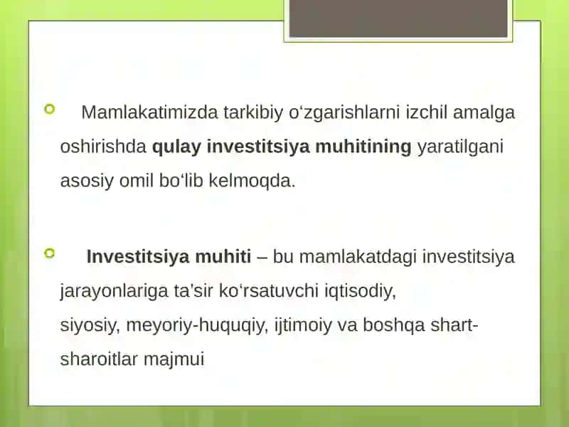 Mamlakatda investitsion muhitni shakllantirish mexanizmlari 3