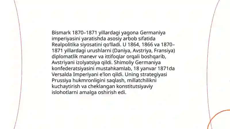 Bismark davr: Yangi Germaniya imperiyasining tashkil topishi va ichki siyosati (1871 - 1890) 3