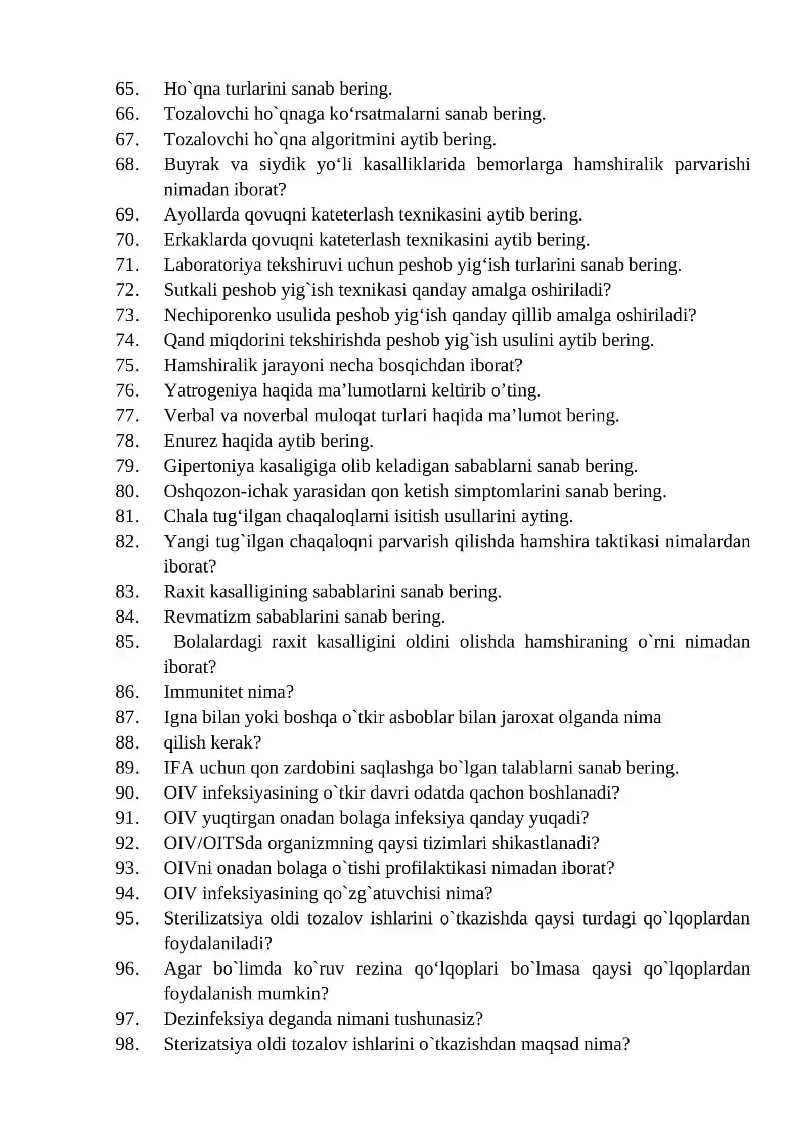 Hamshiralik ishi mutaxassisligi bo'yicha shakllantirilgan og'zaki savollar ro'yxati 3
