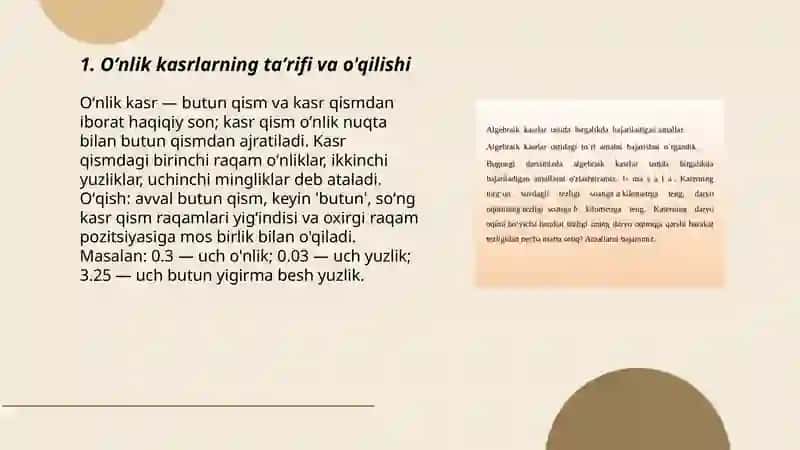 Oʻnlik kasrlar va ular ustida arifmetik amallarni bajarish algoritmi 3