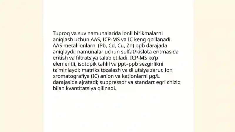 Tuproq suvning ionli bog'lanish birikmalarni aniqlash 3