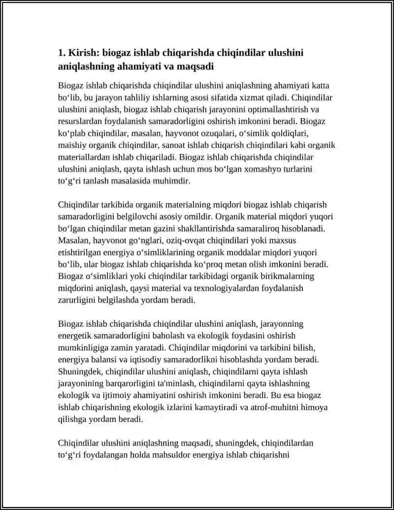BIOGAZ ISHLAB CHIQARISHDA CHIQINDILAR ULUSHINI ANIQLASH BO‘YICHA TAHLILIY ISHI 3