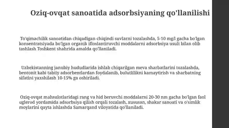 Adsorbsiya oziq-ovqat va kimyo sanoatidagi o'rin 3