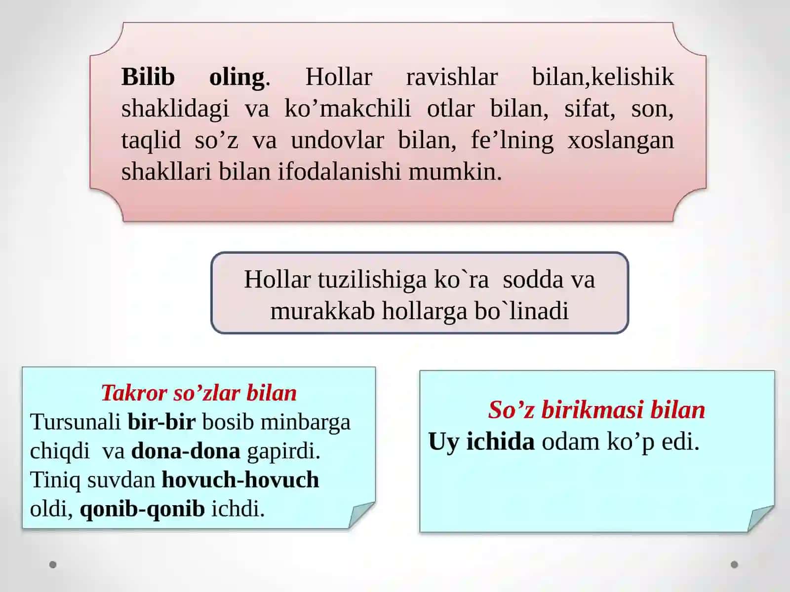 Ikkinchi darajali bo'laklar. Hol va uning ifodalashishi 3