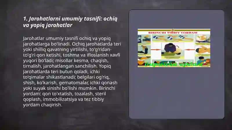 Jarohatlar xatestikasi va ularda birinchi tibbiy yordam koʻrsatish 3