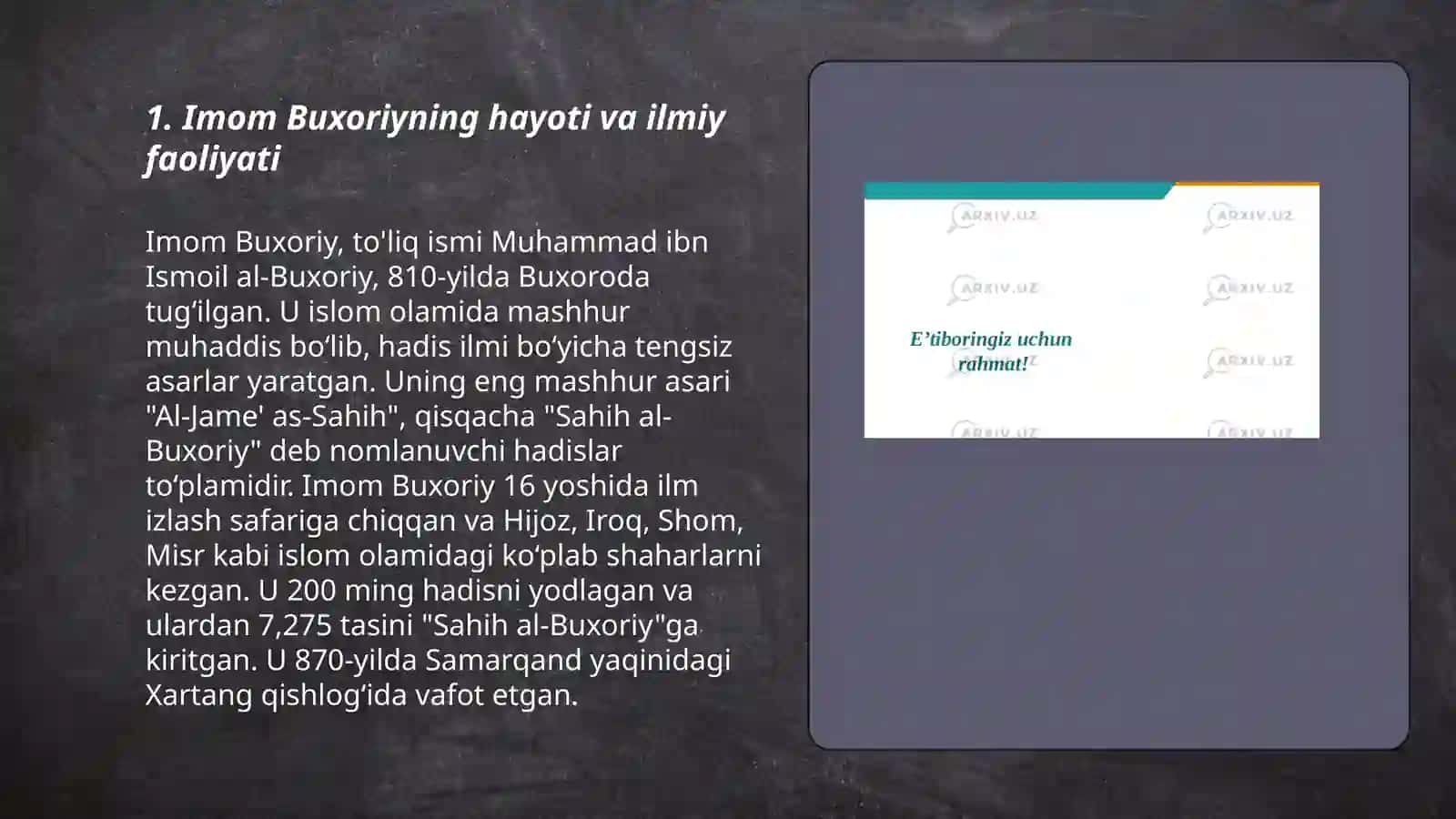 Imom Buxoriy va Imom Termiziyning hadis ilmiga qoʻshgan hissalarini qiyosiy tahlili mavzusida prezentatsiya 3