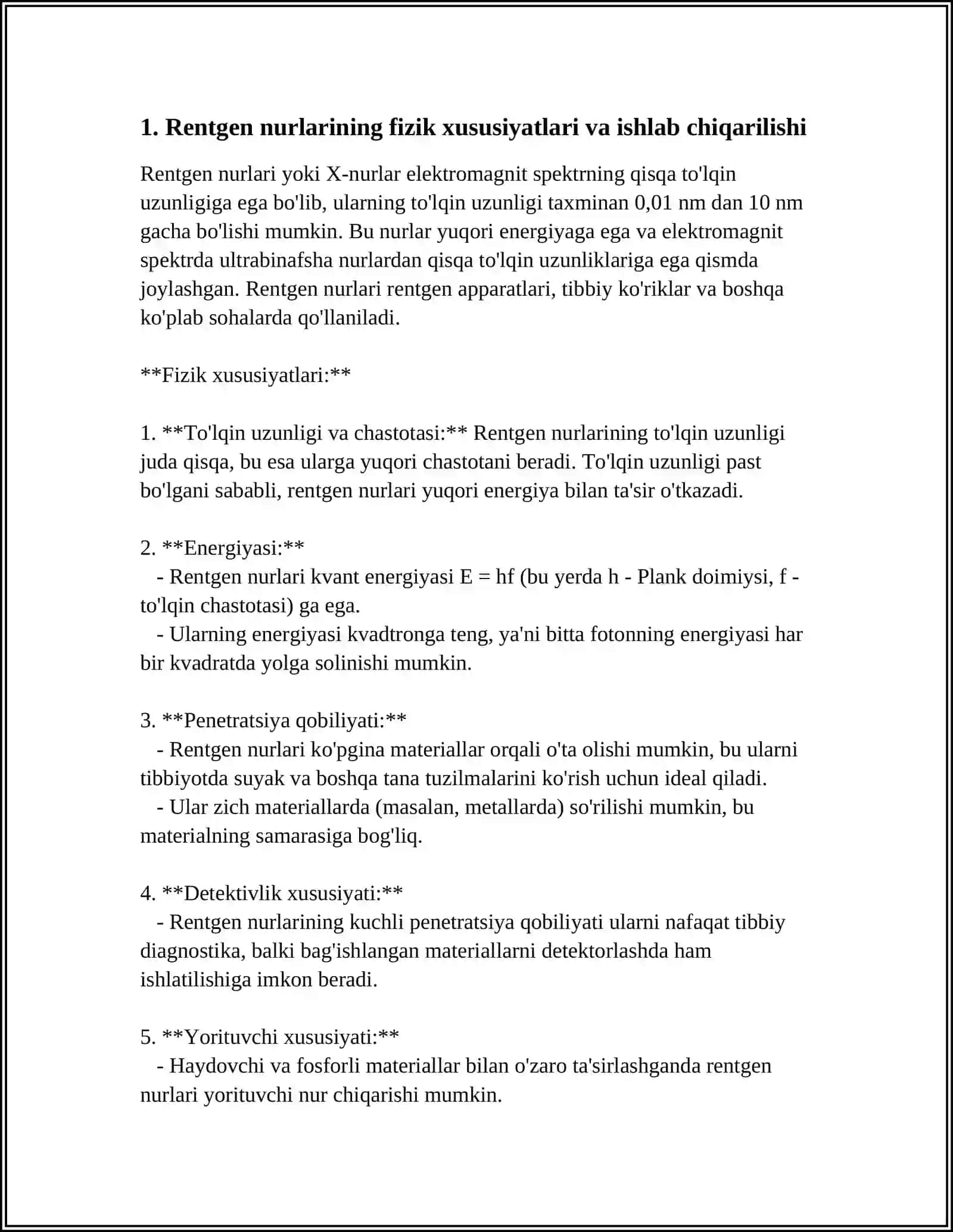 RENTGEN NURLARI TIBBIYOTDA VA BOSHQA SOHALARDA ISHLATILISHI HAQIDA MAʼLUMOT 3