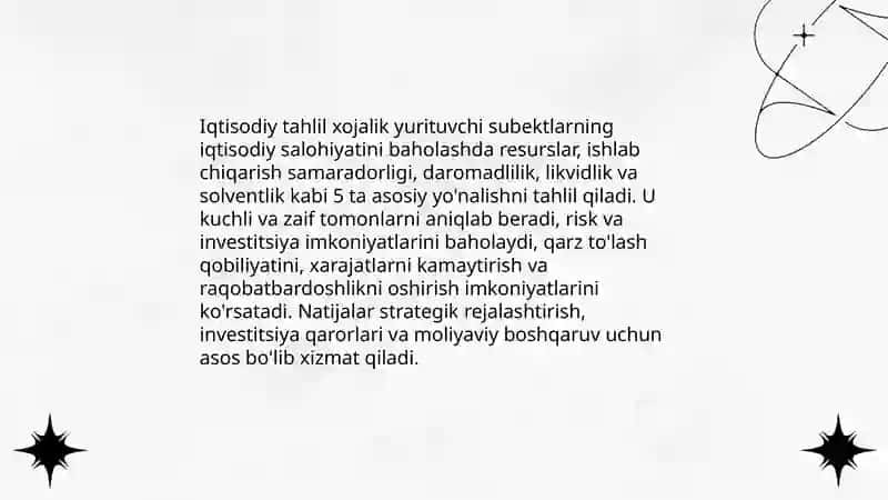 Iqtisodiy tahlilning xojalik yurituvchi subektlarning iqtisodiy salohiyatini baholashdagi ahamiyati 3