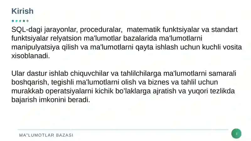 SQLda jarayonlar va standart funksiyalar 3