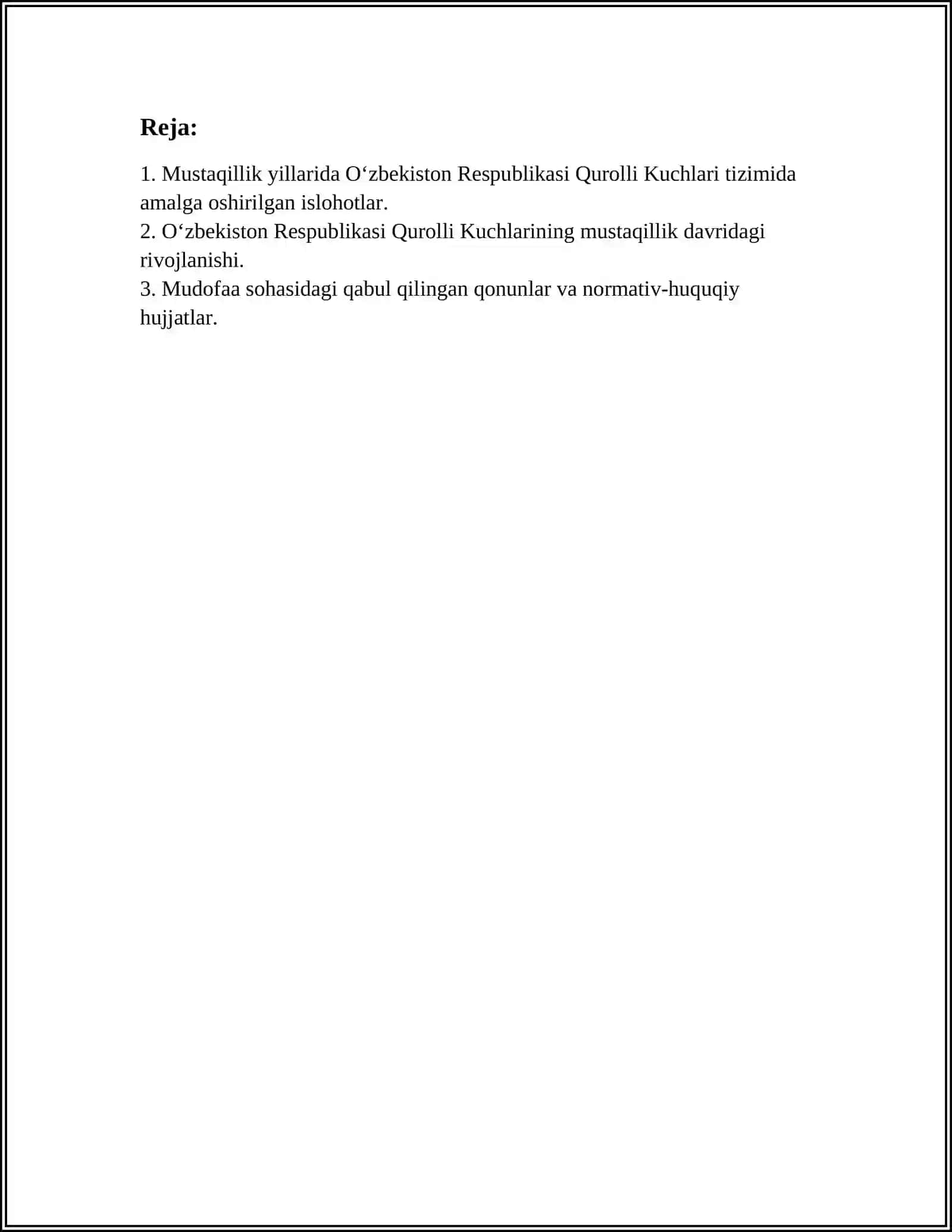 MUSTAQILLIK YILLARIDA OʻZBEKISTON RESPUBLIKASINING QUROLLI KUCHLARI TIZIMIDA AMALGA OSHIRILGAN ISLOHOTLAR XAQIDA MAʼLUMOT 3