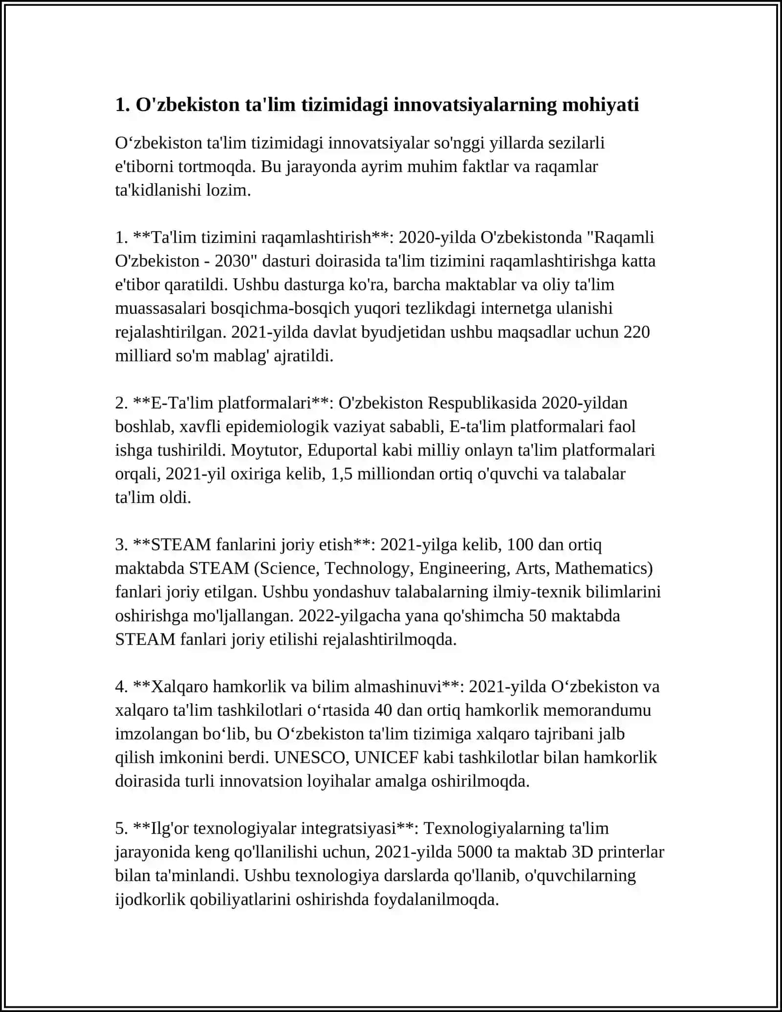 ÒZBEKISTON TALIM TIZIMIDAGI INNOVATSIYALARNING MOHIYATI VA TURLARI MAVZUSIDA REFERAT 3