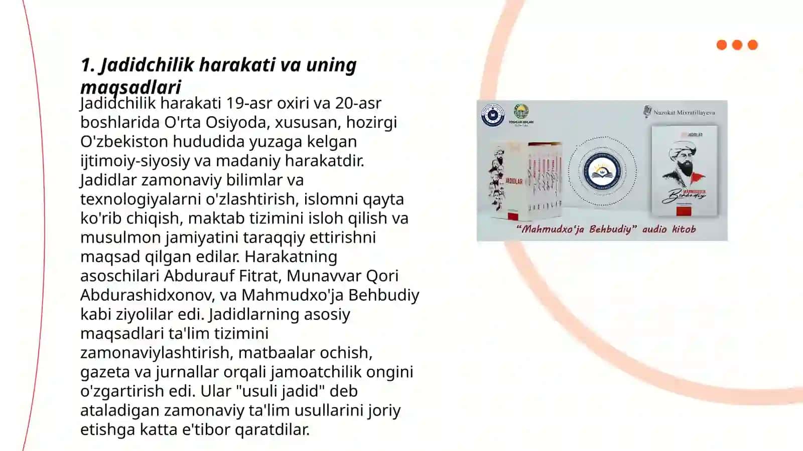 Jadid ma'nfatparvarlarining o'lka ijtimoiy-ma'naviy hayotida tutgan o'rni (Munavvar Qori Fitrat Behbudiy Avloniy va boshqalar) 3