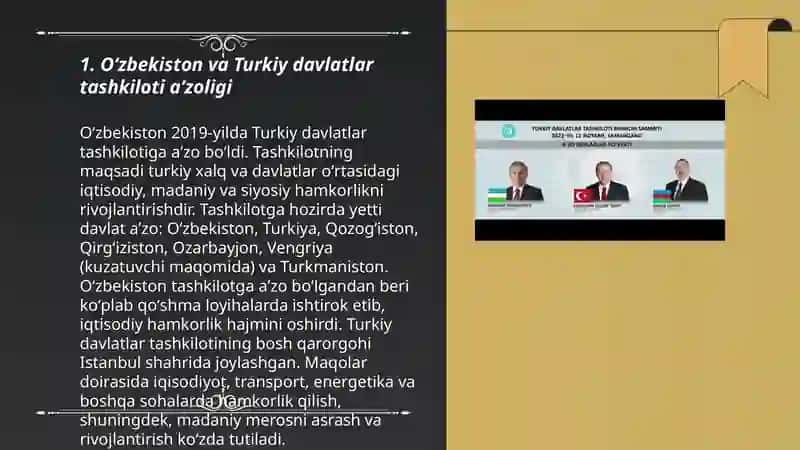 Oʻzbekistonning Turkiy davlatlar tashkiloti bilan hamkorligi 3