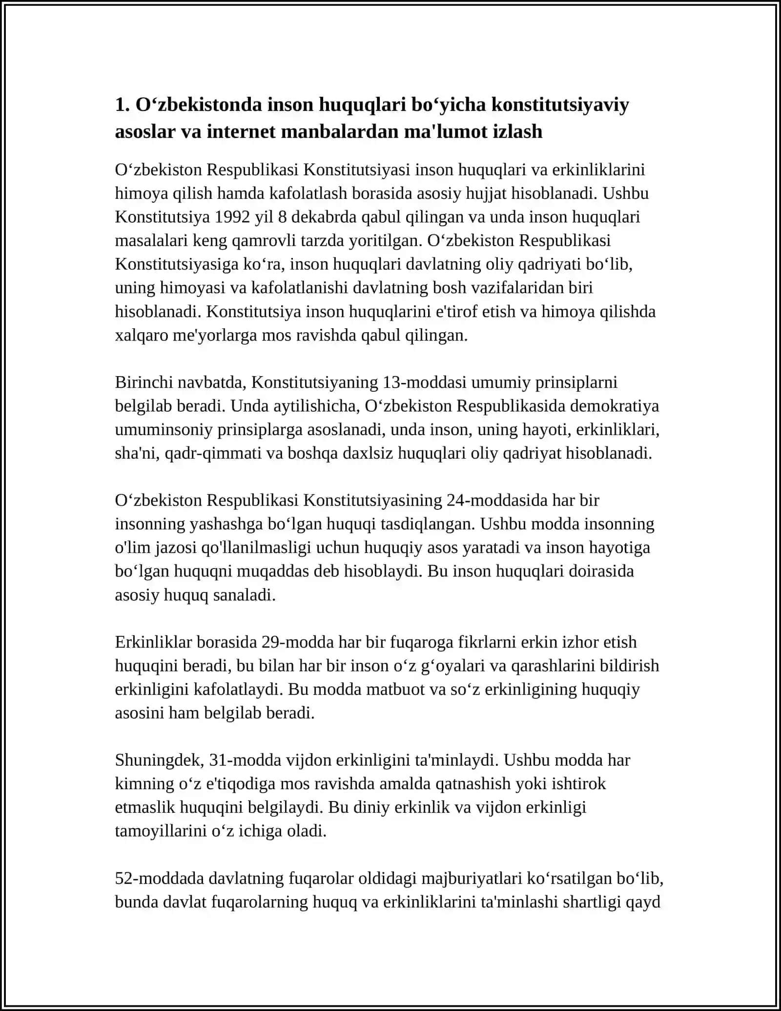 OʻZBEKISTONDA INSON HUQUQLARI VA ERKINLIKLARI KAFOLATINING YARATILISHI MASALASIDA INTERNET SAYTLARIDAN MA'LUMOT TO'PLASH 3