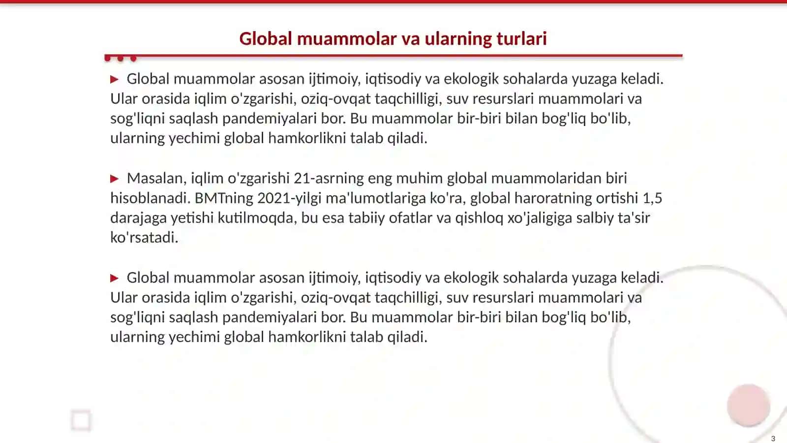 Global muammolarning mezonlari va darajalari? 3