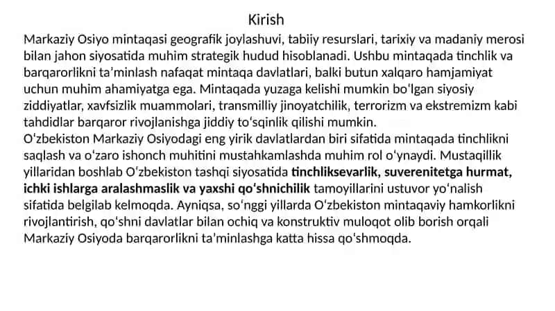 O'zbekistonning markaziy osiyodagi tinchlik va barqarorlikni saqlashdagi o'rni 3