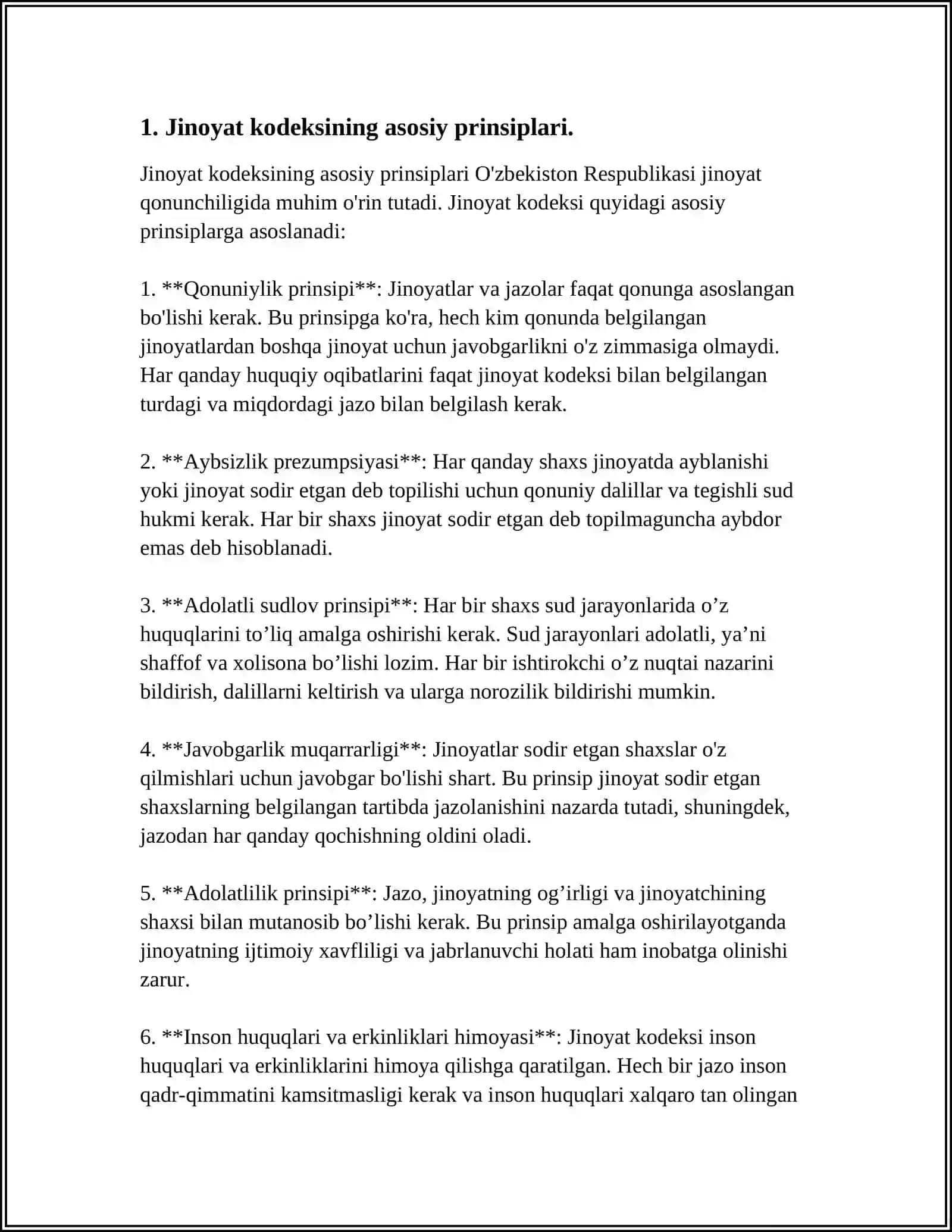 JINOYAT KODEKSNING PRINSIPLARI VA ULARNING MAZMUN-MOHIYATI. JAVOBGARLIKNING MUQARRARLIGI PRINSIPI 3