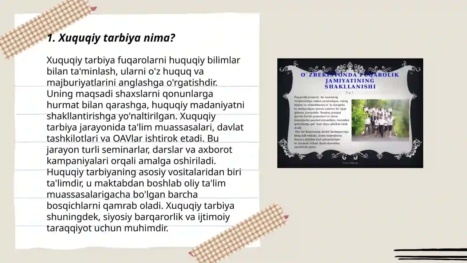 Xuquqiy tarbiya, yosh avlodning huquqiy ongi va madaniyatini shakllantirish fuqarolik tarbiyasining tarkibiy qismi 3