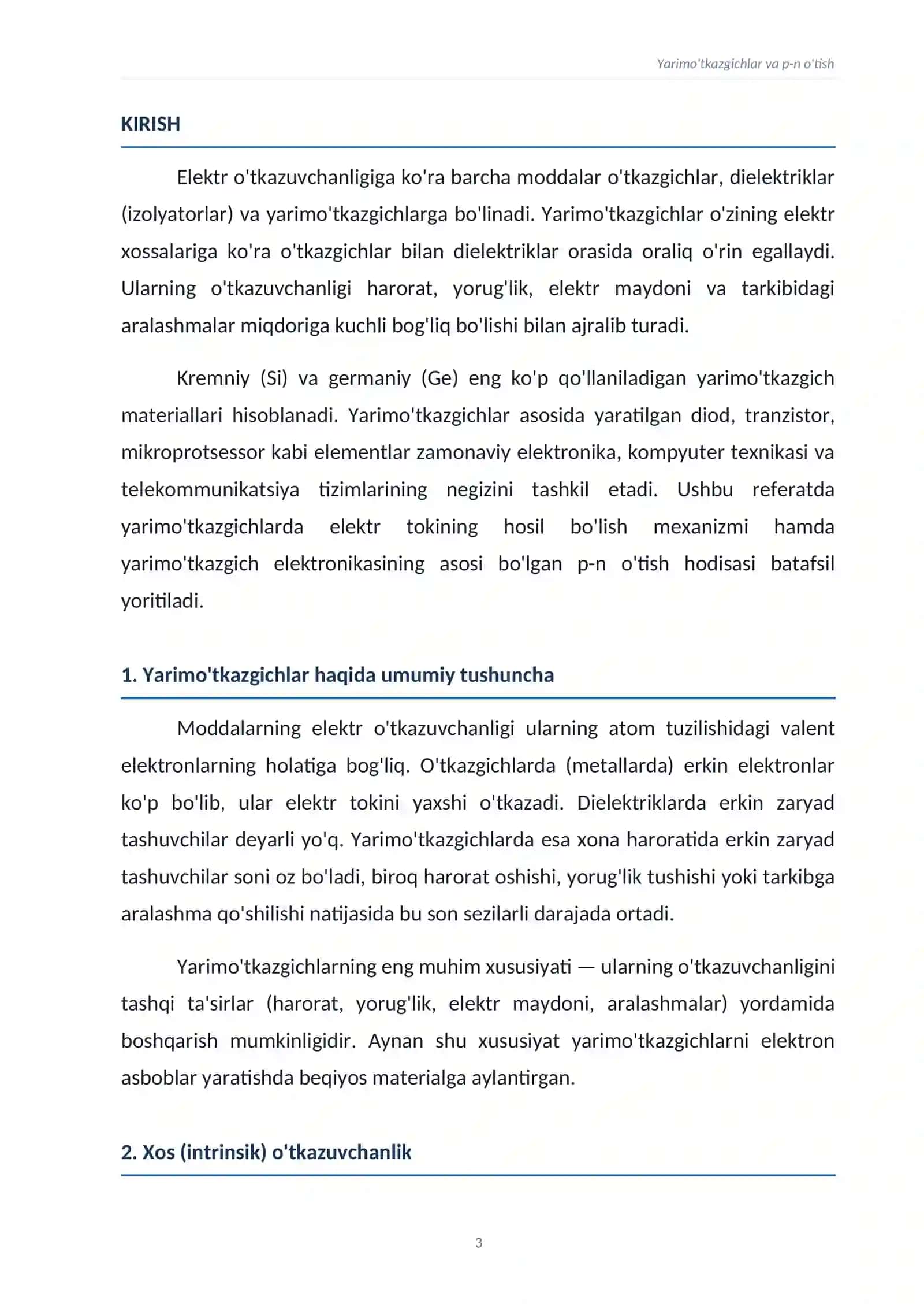 REFERAT. Mavzu: Yarimo'tkazgichlar va p-n o'tish 3