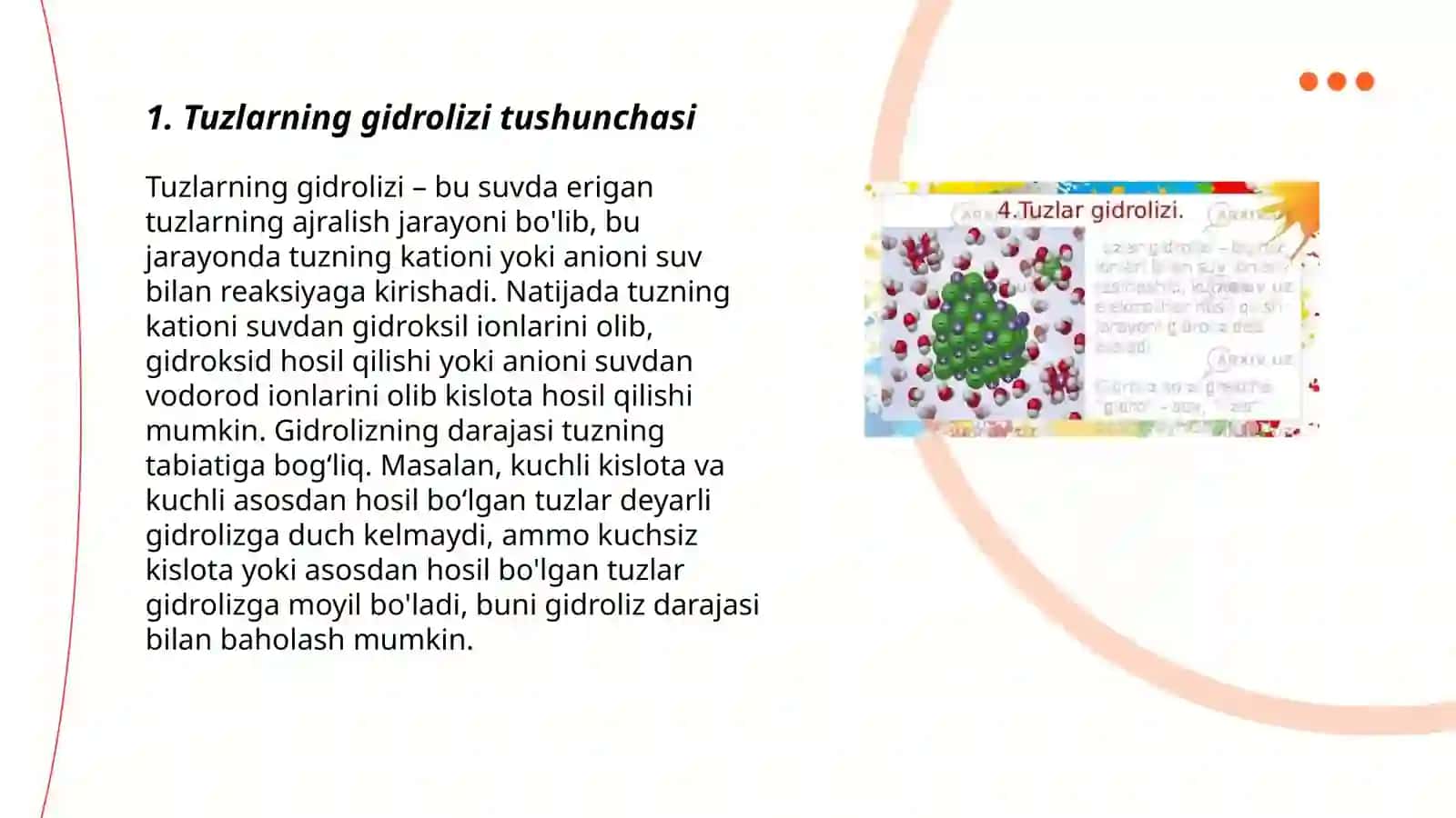 Tuzlar gidrolizi, gidroliz jarayonida akva kation va gidroksoanionlarning hosil bo‘lishi 3