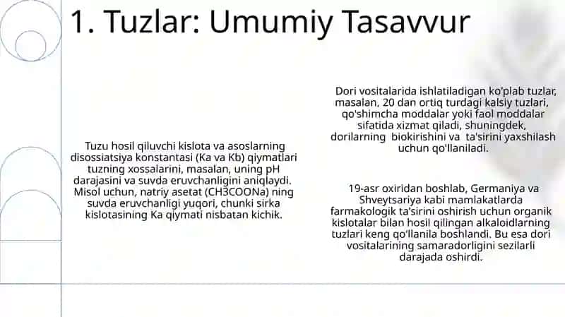 Tuzlar: Asosli, kislotali, qo'sh va ko'mpleks tuzlarning farmatsiya sanoatida qo'llanilishi 3