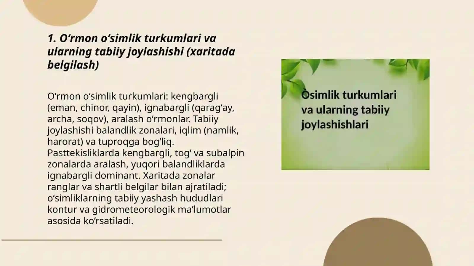 Oʻsimlik turkumlari va ularning tabiiy joylashishlari(xaritada belgilash) 3