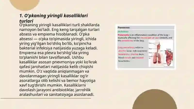 O'pkaning yiringli kasaliklari: bronxoektatik kasallik abstess gangrena. Etilalogiya,patogenez,klinika,diagnostika,asoratlar,davolash. 3