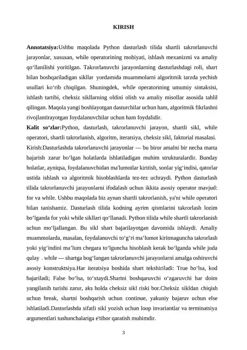 “Pyhton dasturlash tilida takrorlanuvchi jarayonlarva parameter boʻyicha dasturlash” 3