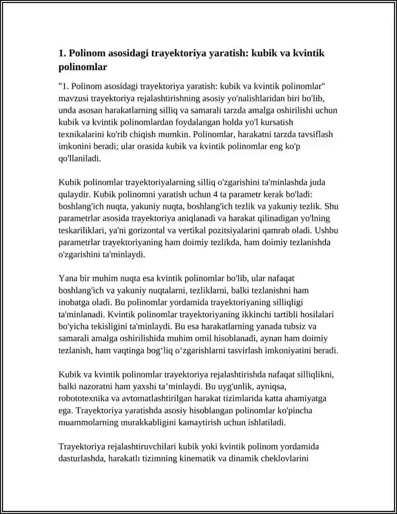 TRAYEKTORIYA REJALASHTIRISH: POLINOMLAR, SPLAYNLAR VA VAQTNI OPTIMALLASHTIRISH 3
