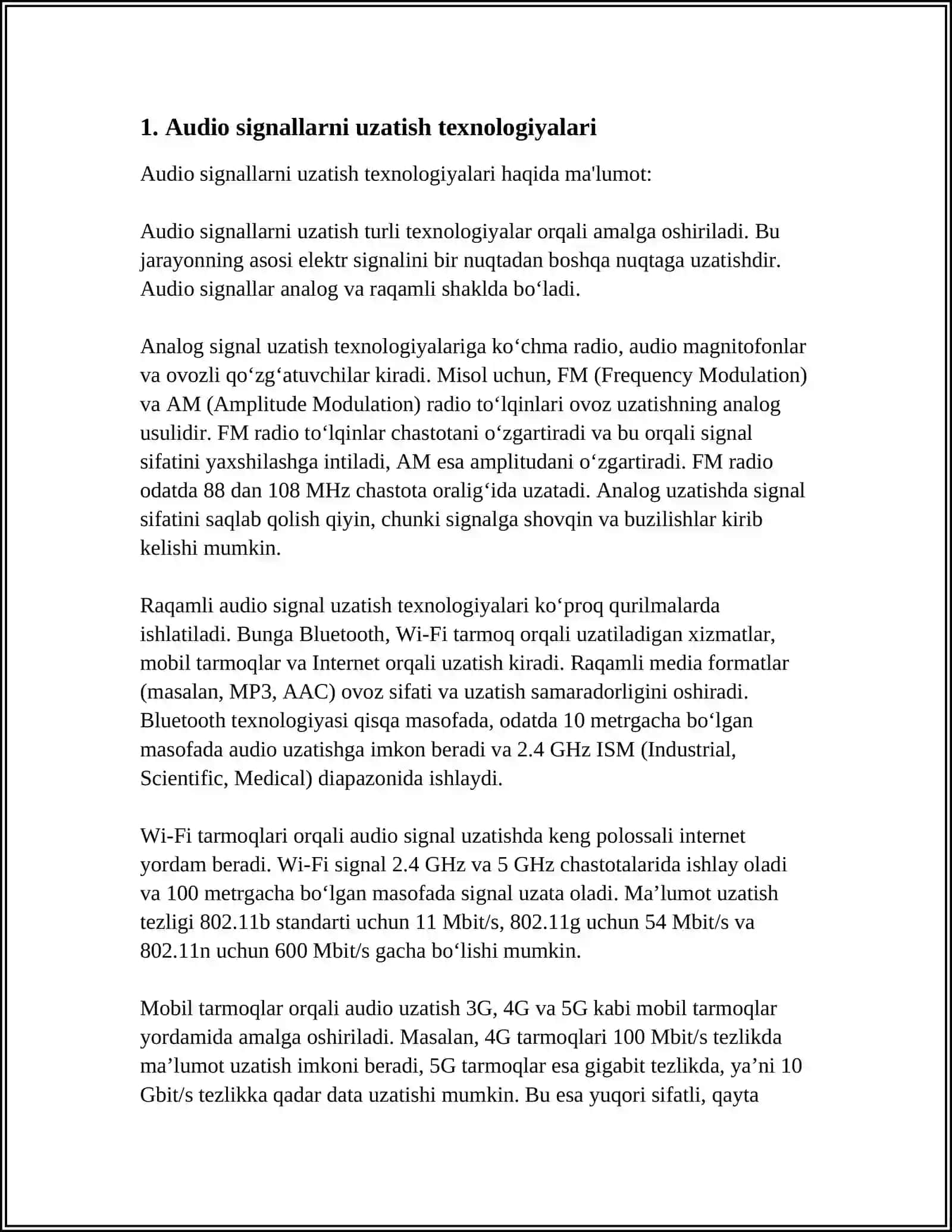 AUDIO SIGNALLARNI UZATISH. FAKS SIGNALI. TELEVIDENIE SIGNALLARINI UZATISH. TELEFON SIGNALI 3