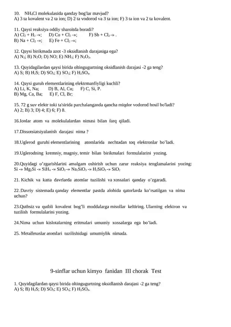 9-sinflar uchun kimyo fanidan I – chorak testi 3