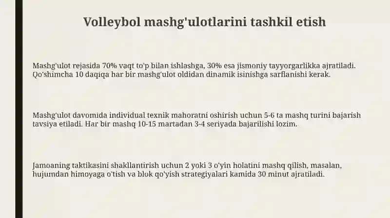 Voleybol mashg’ulotlarini tashkil qilish va o’tkazish 3