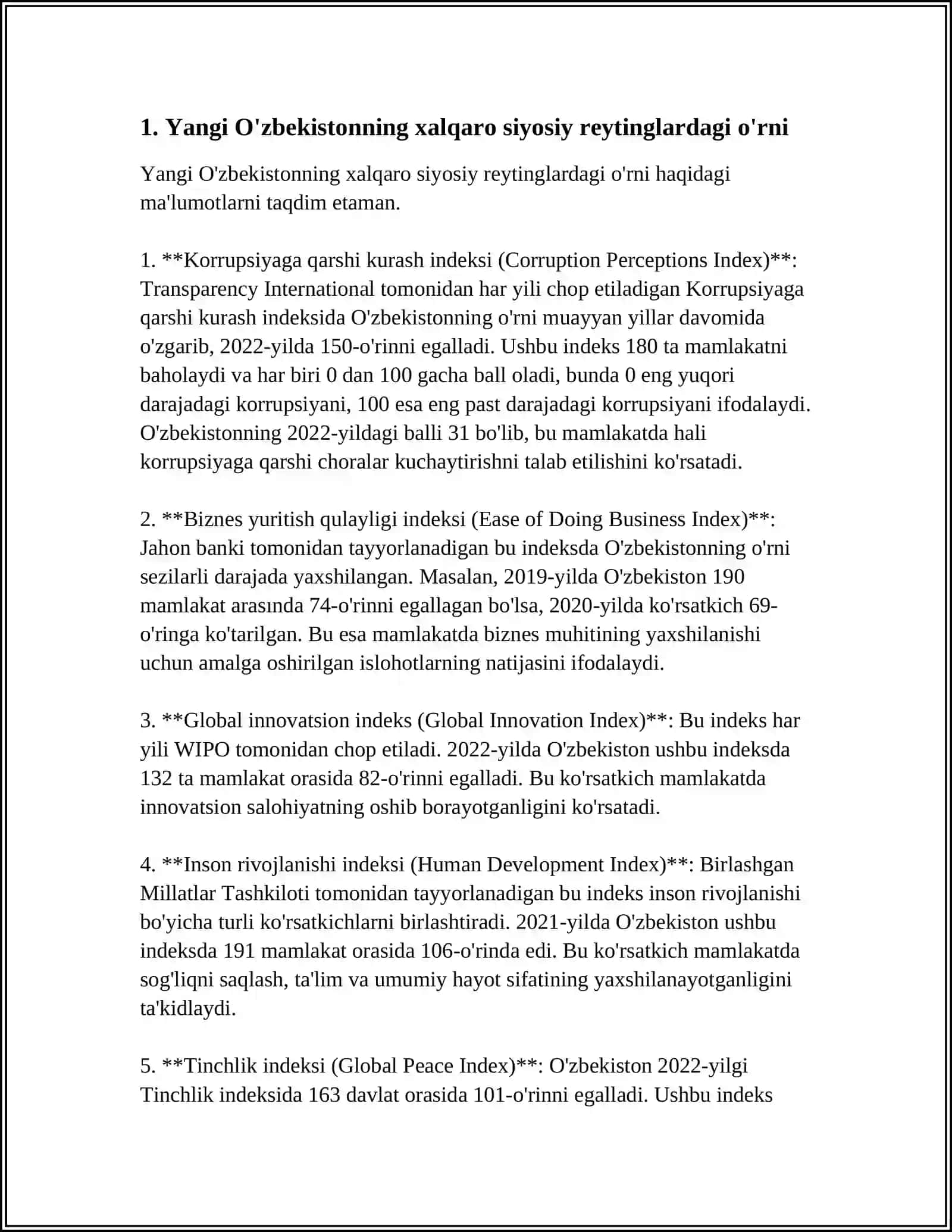 Yangi O'zbekistonda ijtimoiy-siyosiy, iqtisodiy va madaniy hayotida ro'y berayotgan o'zgarishlarning xalqaro reyting va indekslarda aks etishi 3